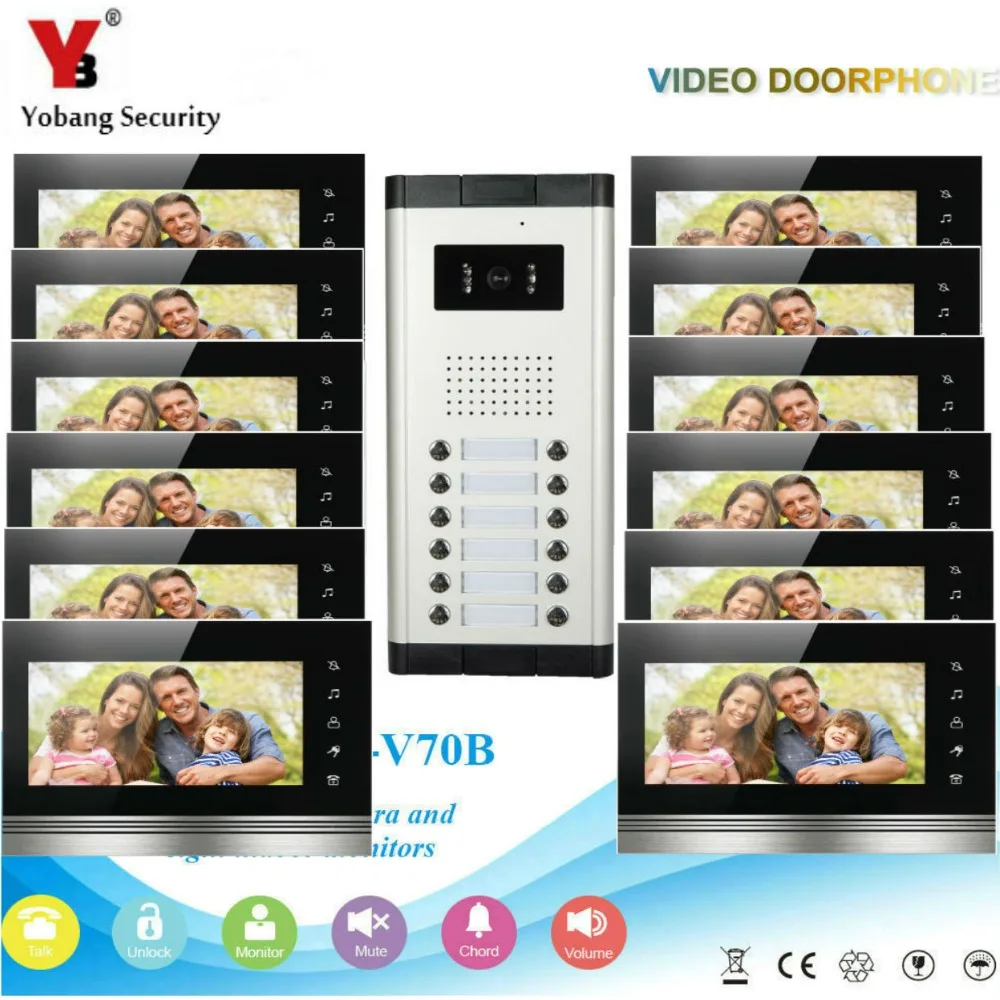 Yobang безопасности Проводной видео-дверной звонок Домофон Системы для 12 единиц квартира 1 шт. Ночное видение Камера 12 шт. 7 дюймов ЖК-дисплей