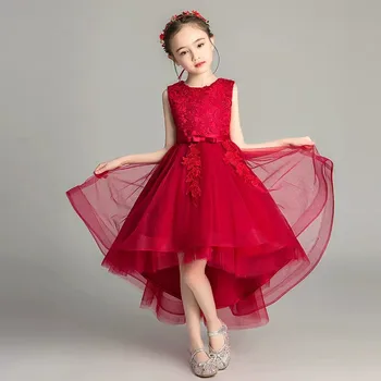 

2019Kids Children Wine-red Round Collar Birthday Evening Party Front Short Back Long Lace Dress Infant Little Girls Prom Dress