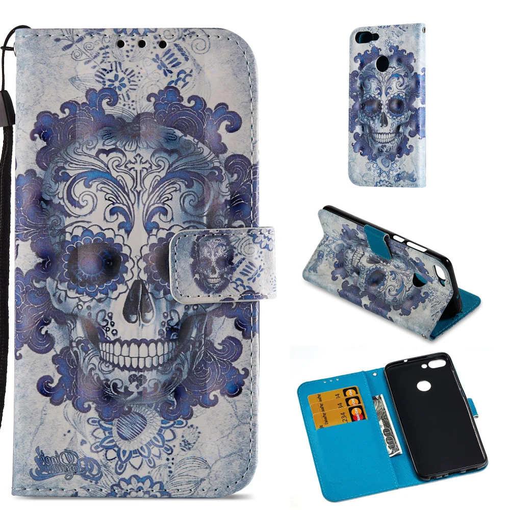 

Case for Huawei P Smart Dream Flower Skull 3D Patterned Wallet Leather Fundas Cover for Huawei P Smart Case Coque Phone Bags