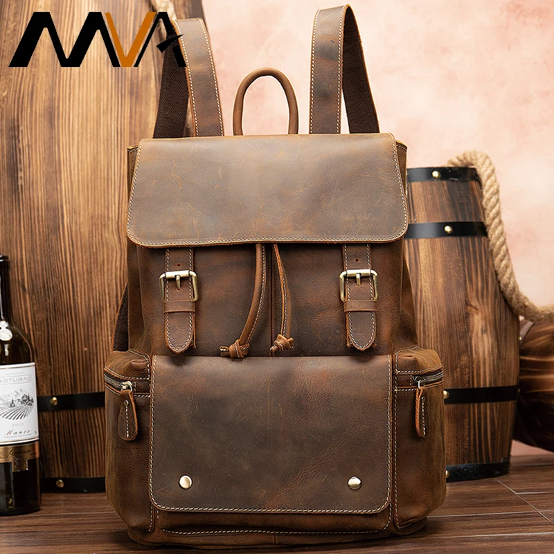 

crazy horse cowhide men backpack genuine leather laptop backpack men vintage daypack travel university college school bag 8507