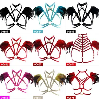 

Red Harness Feather Bra Women Feathers Crop Top Harajuku Punk Lingerie Sexy Body Cage Triangle Frame Plus Size Art Clothing