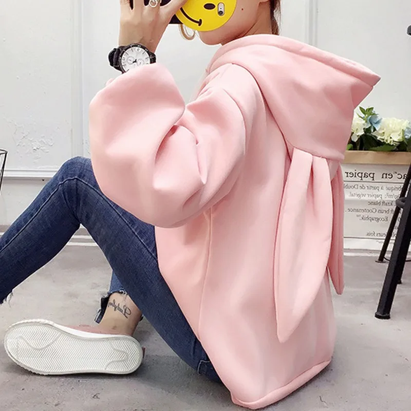  PLAMTEE Sweet Women Hoodies Sweatshirt Embroidery Hooded Hoody Rabbit Ears Oversize Hoodie Kpop Loo