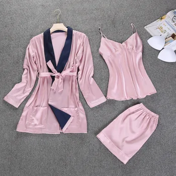 

New Arrival Ladies Silk Satin Robe Pajama Set 3 Pieces Pink Bathrobe Set V-neck Sleepwear Set Summer Home Clothing For Women