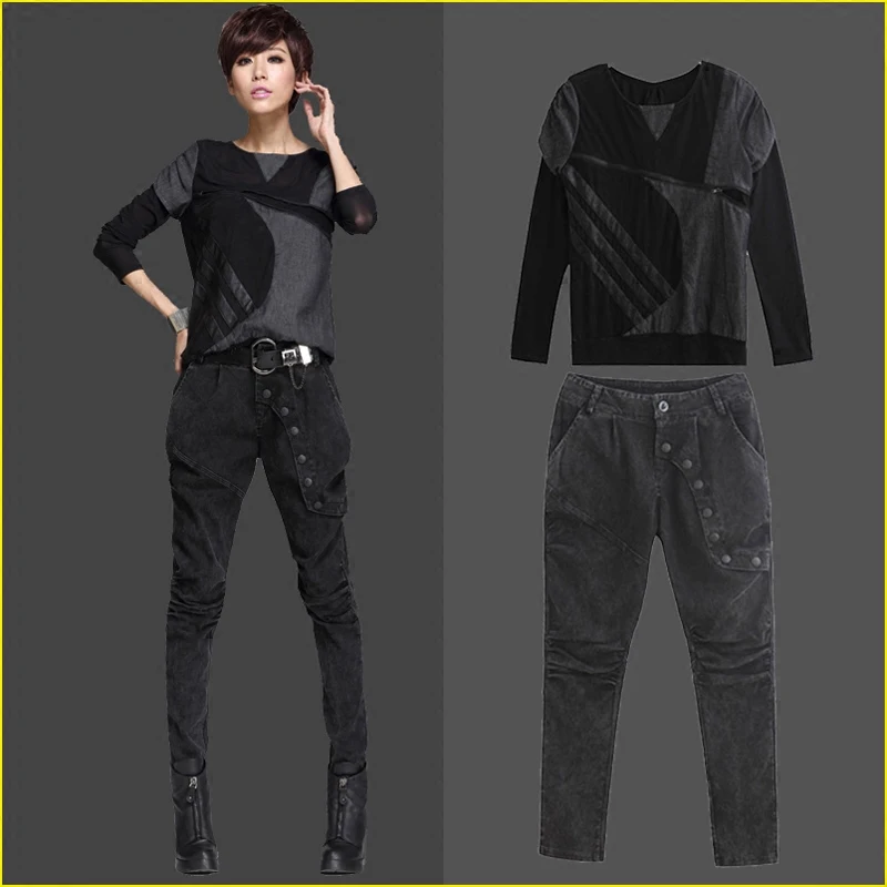 

Women Spring Autumn Washed Patchwork Button Long Sleeve & Pants 2 Piece Set American Style Fashion Casual Brand Suit Set Quality