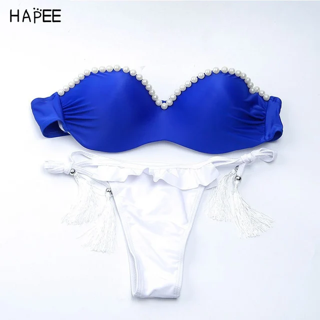 Pearl strapless push up bikini brazilian women thong swimsuit sexy