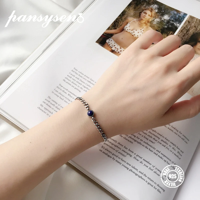 

PANSYSEN Top Quality Vintage Natural Lapis Bracelets for Women Solid 925 Sterling Silver Bracelet Fine Jewelry Anniversary Gifts