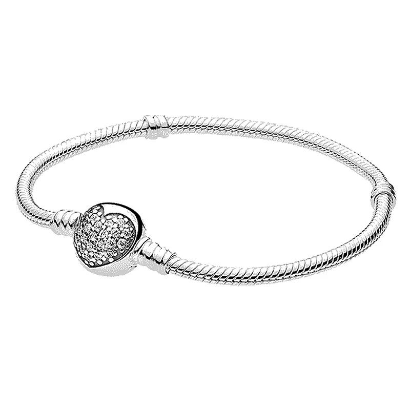 

New 925 Sterling Silver Bracelet Crystal Love Heart Clasp Snake Chain Bracelets Bangle Fit Bead Charm DIY Pandora Jewelry