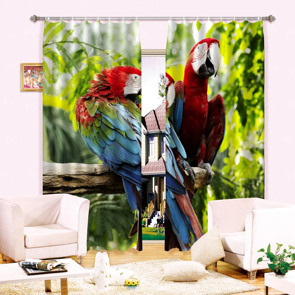 

3-layer organization of black silk curtain fabric digital print 3D jungle parrot tree