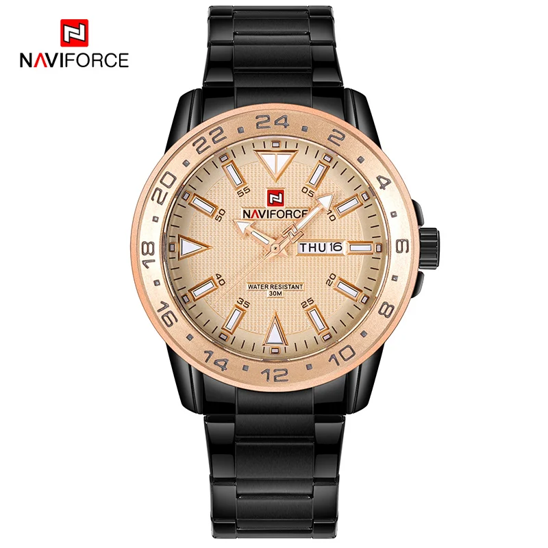 Naviforce Мужская Мода Элитный бренд часы Водонепроницаемый Спортивные часы Для мужчин полный Сталь Кварцевые наручные часы Relogio Masculino - Цвет: RoseGold