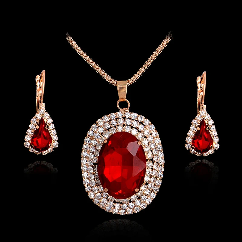 

MISANANRYNE Fine Shipping Luxury Gold Color Red Oval Austrian Crystal Pendant Necklace Earrings Jewelry Sets for Women