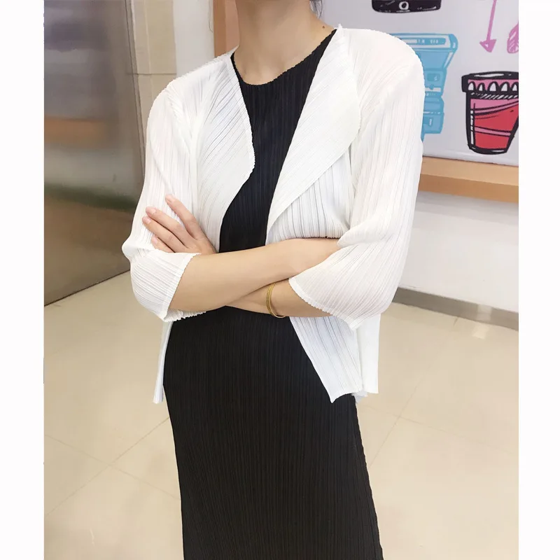 

Miyake folds women's jacket summer new fashion solid color seven-point sleeve casual wild shawl cardigan free shipping qianjin