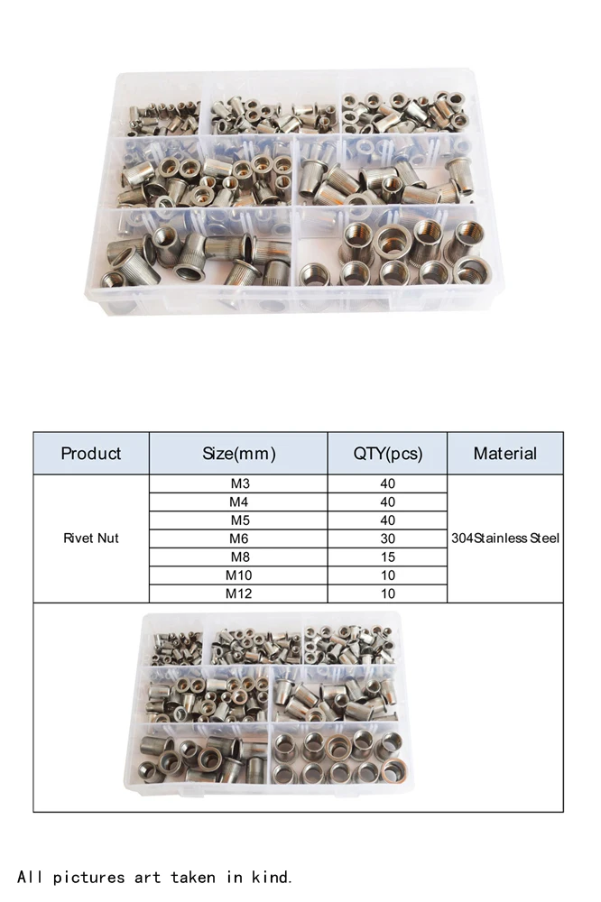 304 нержавеющая сталь плоская головка заклепки гайка с метрической резьбой Nutsert Вставка Гайка RivetingSet Ассортимент Комплект Коробка M3 M4 m5 m6 m8 m10 m12