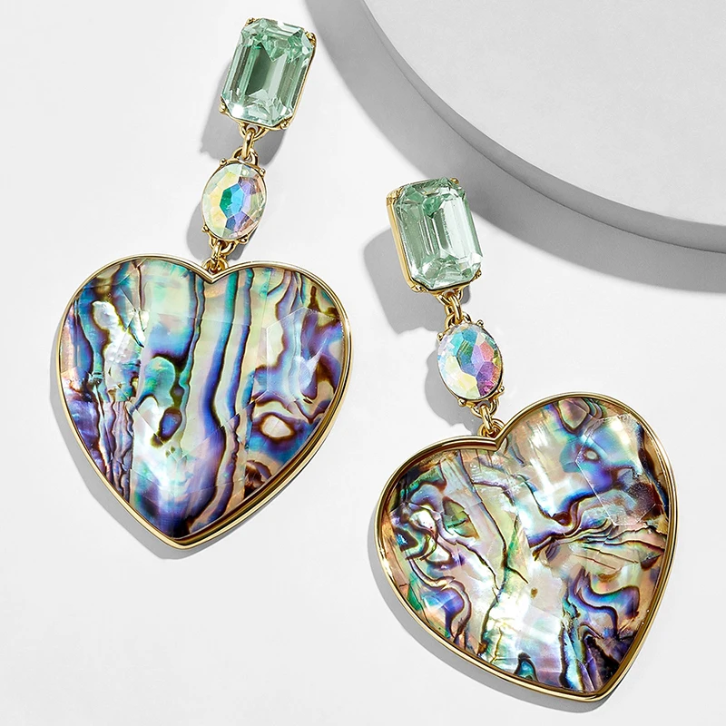 Модные висячие серьги в виде большого сердца для женщин, Boho Crystal Green Abalone Shell, массивные украшения, пляжные вечерние, подарок ZA