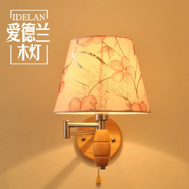 

Edelwood lamp] modern simple bedside aisle shaking head lamp belt switch solid wood bedroom wall lamp