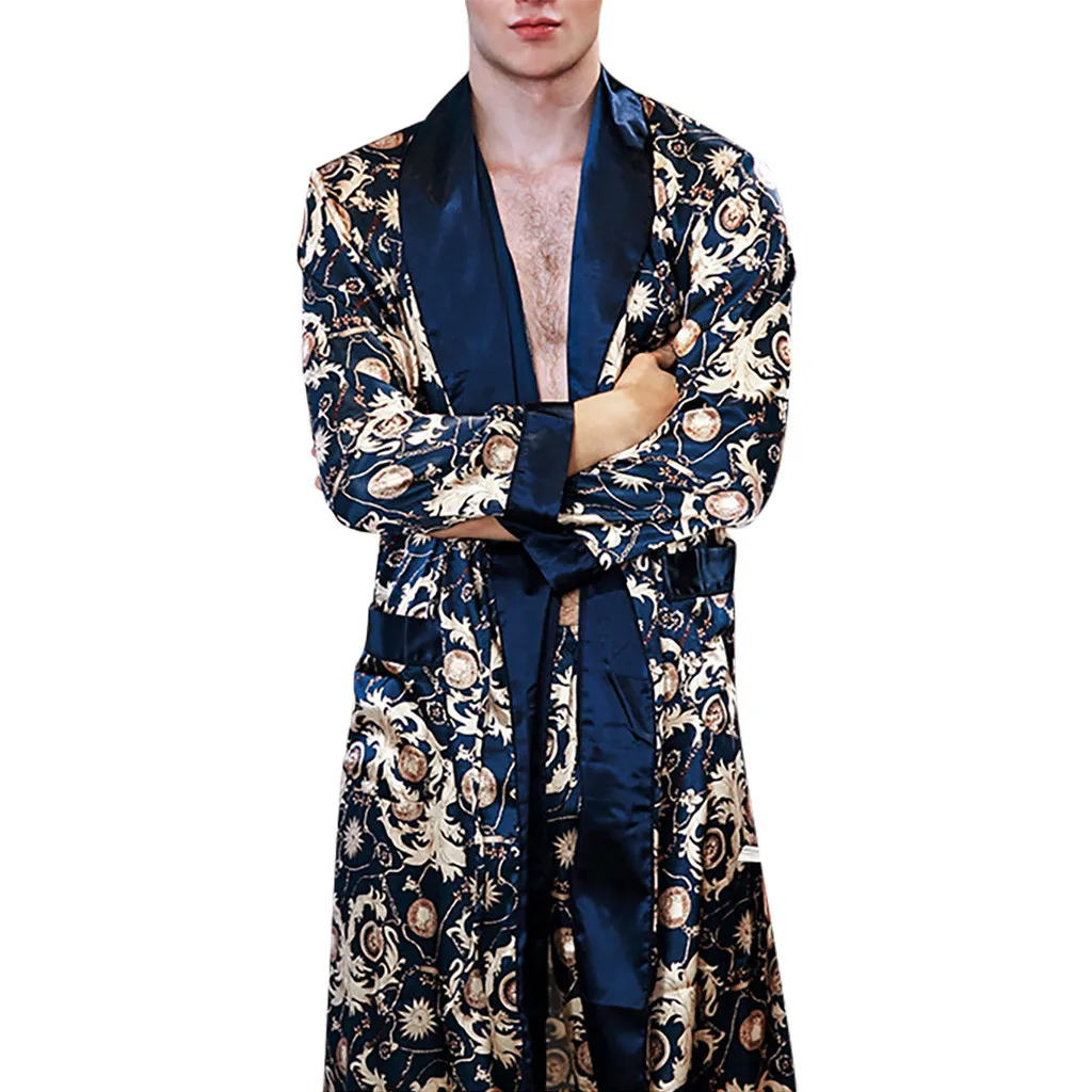 Мужские пижамы из искусственного шелка с принтом, нижнее белье, халат, халат, мужской костюм из двух частей, мужской сексуальный летний халат Hombre - Цвет: Blue