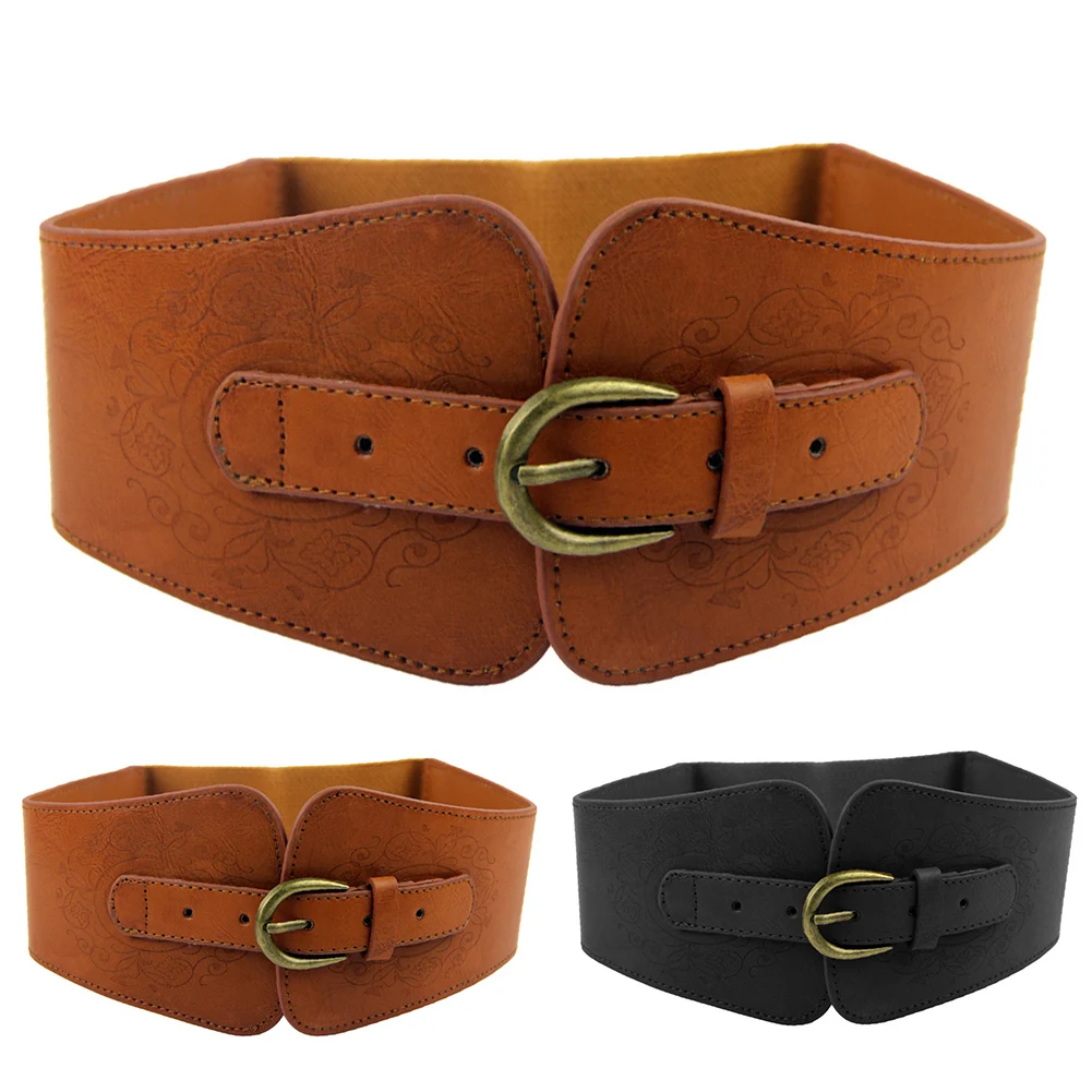 New Fashion Elastic Wide Belt Strap Vintage Women Faux Leather Buckle Elastic Wide Belt Strap Solid Color Waistband