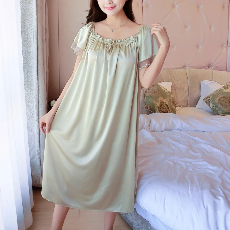 Женская летняя кружевная шелковая длинная ночная рубашка с коротким рукавом свободного размера плюс ночная рубашка XL Однотонная ночная рубашка Домашняя одежда N9_D