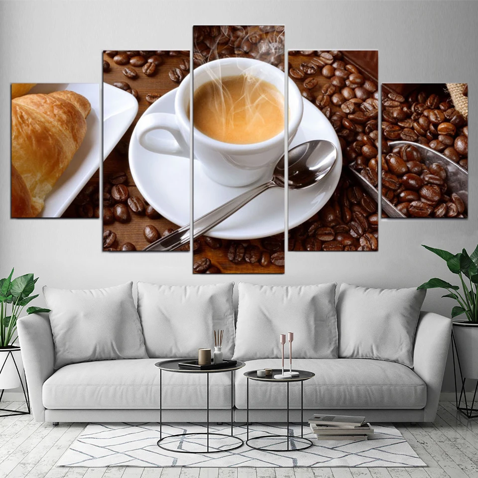 

Modular Painting Frame Canvas Poster HD Printed 5 Piece Steaming Coffee Cup Pictures For Kitchen Food Home Wall Art Decorative