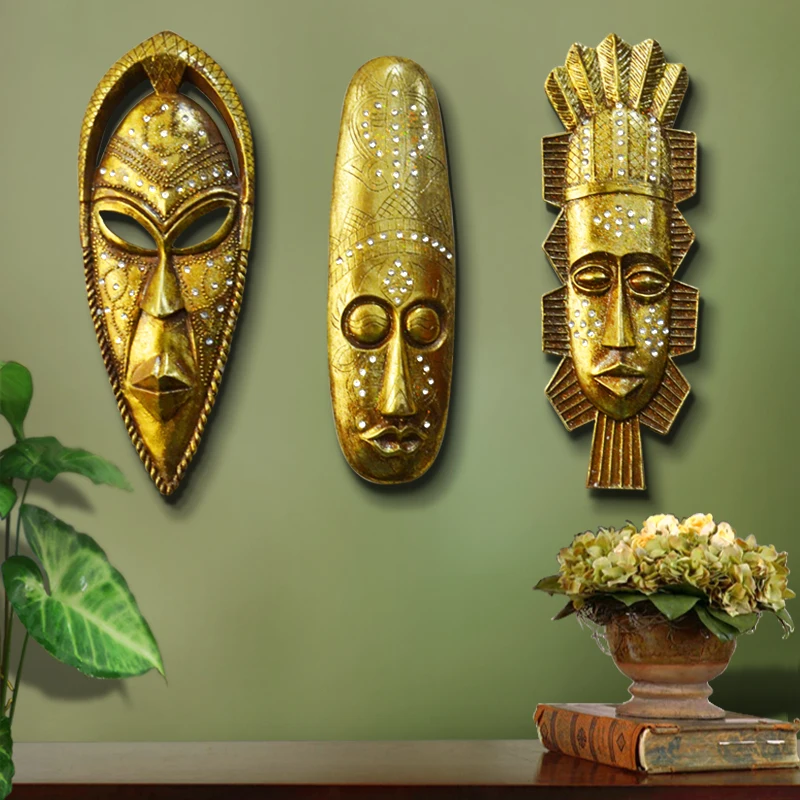 

European Home Furnishing Jewelry African modern abstract gold resin character mask head carving art wall ornaments