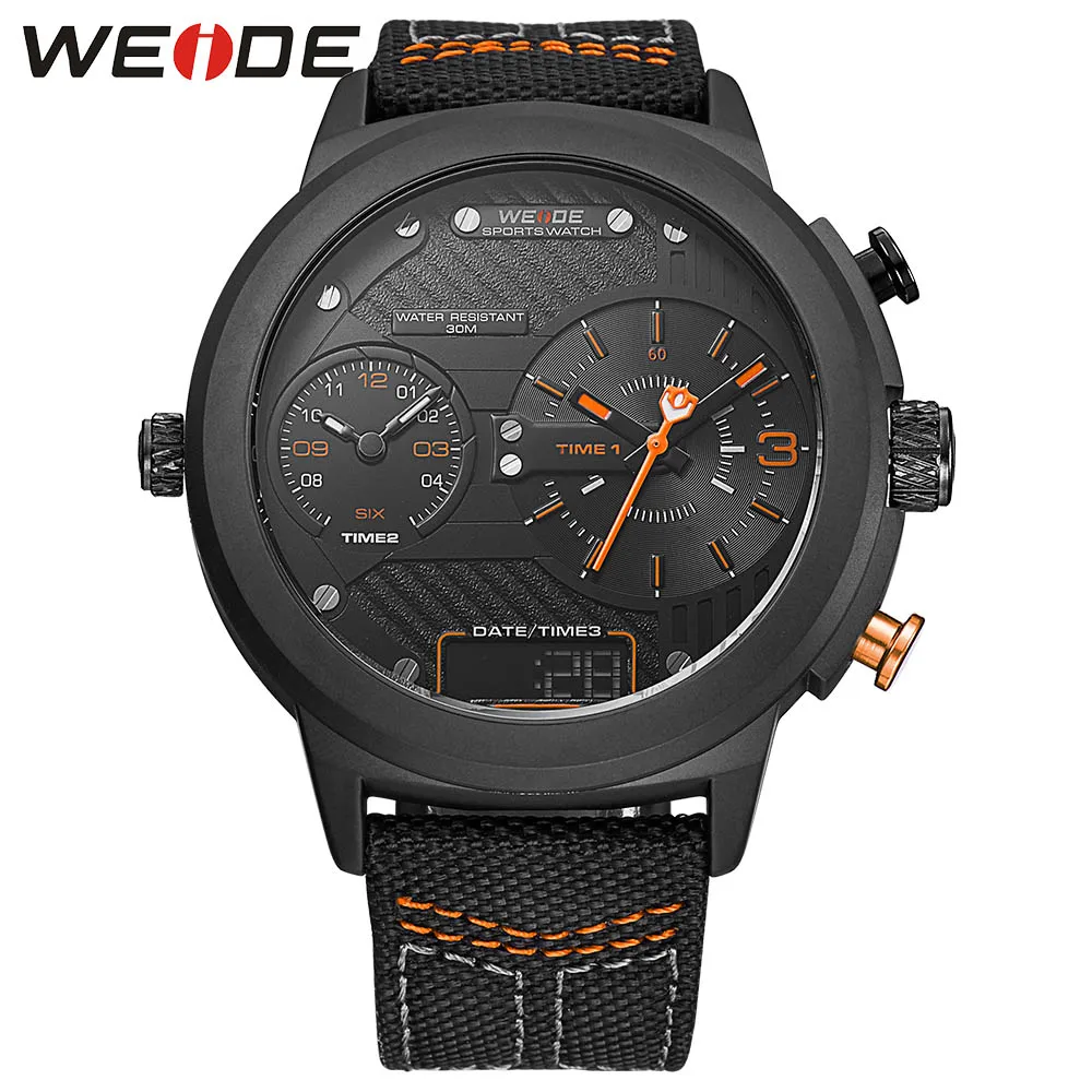 WEIDE Роскошные часы спортивные цифровые нейлоновый ремешок черный круглый большой циферблат многочасовой пояс мужские кварцевые автоматические часы водонепроницаемые аналоговые - Цвет: orange