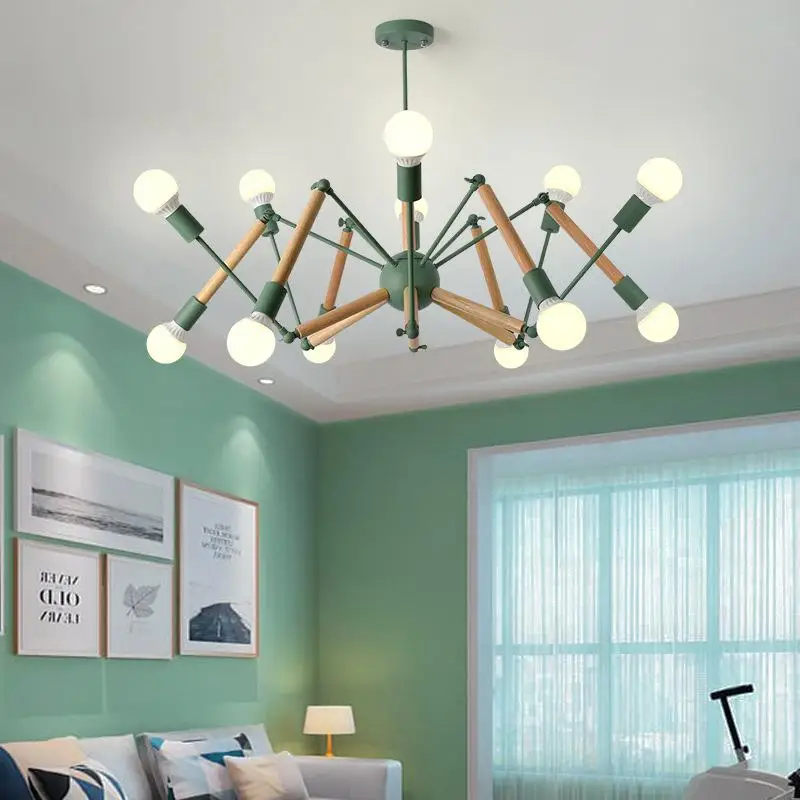 White Wooden Spider chandelier lighting E27 modern loft nordic kitchen chandelier dining room bedroom living room foyer lights - Цвет абажура: Dark Green