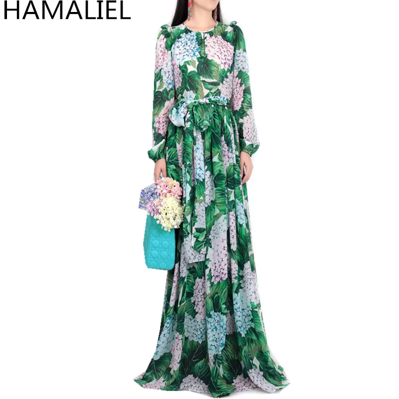 

HAMALIEL 2018 Runway Maxi Women Dress New Arrival Summer Chiffon Green Print Leaf Hydrangea Back Button Sashes Long Beach Dress