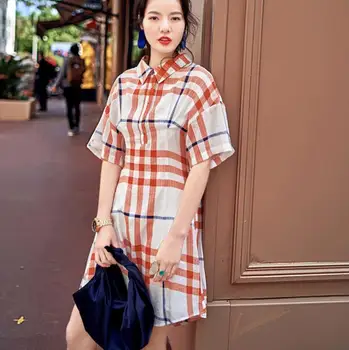 

Summer Designer Polo Shirt Dress Half Sleeve Plaid Short Dress Vintage Casual Sundress Vestidos