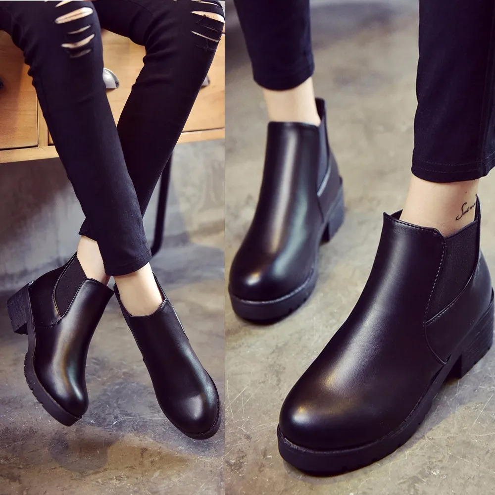 

Women Boots PU Leather Low Flat Block Heel Round Toe Chelsea Ankle Boots Autumn Winter Warm Outdoor Shoes T6#