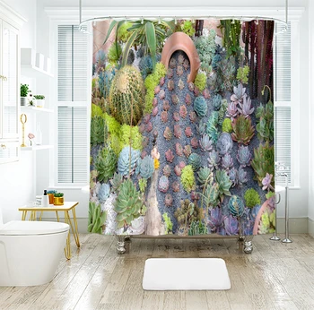 

3d Potted Green Plants Pattern Shower Curtains Succulent Plants Bathroom Curtain Thicken Waterproof Thickened Bath Curtain