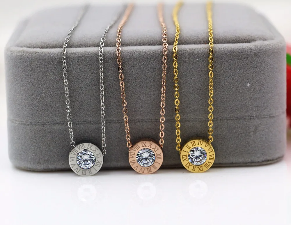 

Martick Europe Brand Roman Numerals Pendant Necklace With Shining AAA Cubic Stainless Steel Link Chain Necklace P76