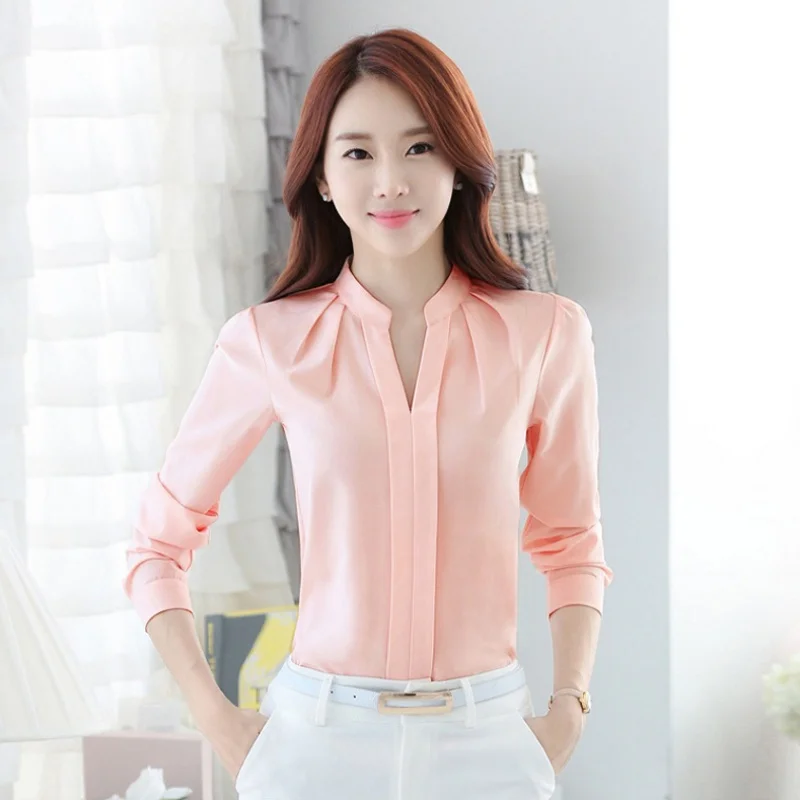 

Women Long Sleeve Casual Chiffon Blouse Tops Female V-Neck Work Wear Solid Color White Office Shirts