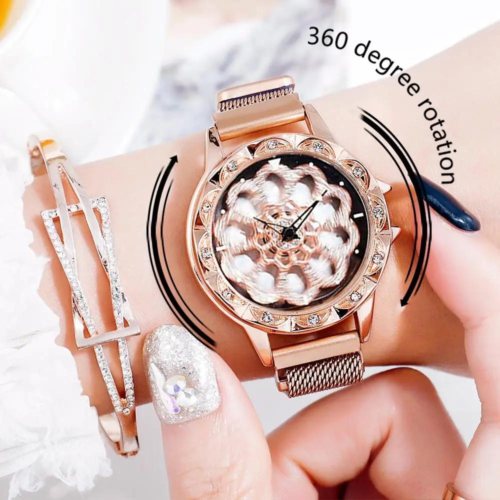 

2019 New Women Mesh Magnet Buckle Lucky Flower Watch 360 Rotated Luxury Ladies Rhinestone Quartz Watch Relogio Feminino