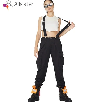 

Women Jumpsuit Denim Overalls 2019 Spring Autumn Strap Black Pockets Full Length Buckle Lock Jumpsuit Ladies Casual Work Pants