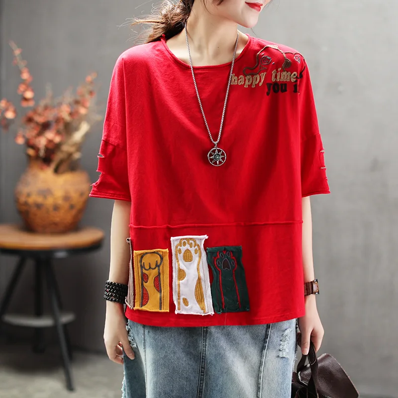 Летняя футболка для женщин, модные Свободные повседневные пуловеры, новые топы с круглым вырезом и коротким рукавом, с вышивкой, в стиле пэчворк, Милая футболка - Цвет: Красный