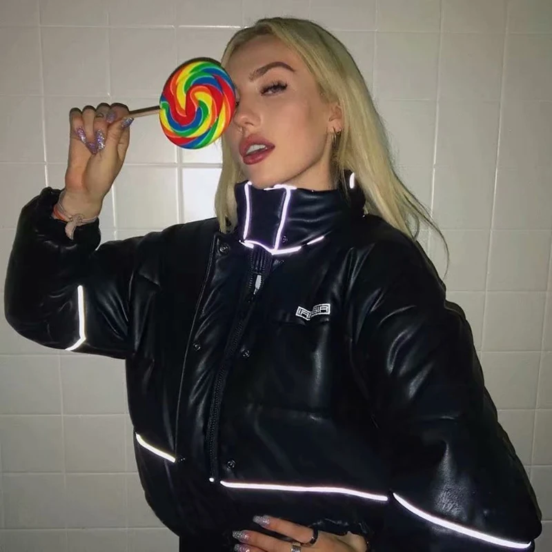

High Street Reflective Padded Jackets Coats Harajuku Fashion Standing Collar Cotton Jacket Hip Hop Black PU Leather Jacket Femme
