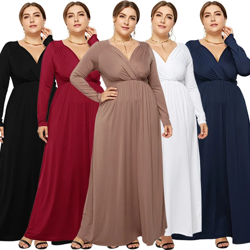 

2019 Spring Women's European and American Large size evening dress Sexy fat MM deep V solid color long-sleeved dress Beach dress