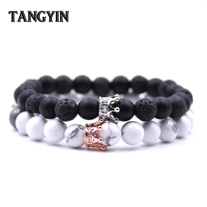 

2Pcs/Set Hot Couple Bracelet Natural Stone Bead Bracelet Gold Silver Crown Bracelet For Men Women Gift Charms Bangles Jewelry