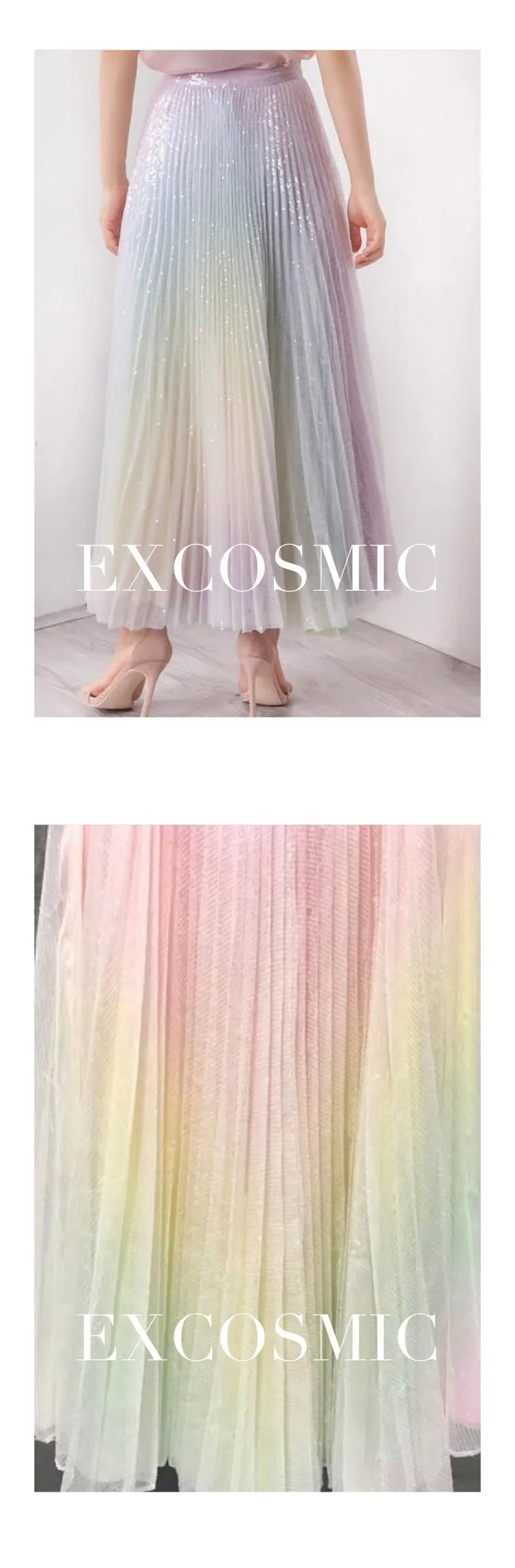 SE Women TUTU High Waist Skirt Mesh Midi Pleated Gauze Sequin Elegant Skirt Female Casual Fashion Gradient Rainbow Skirt