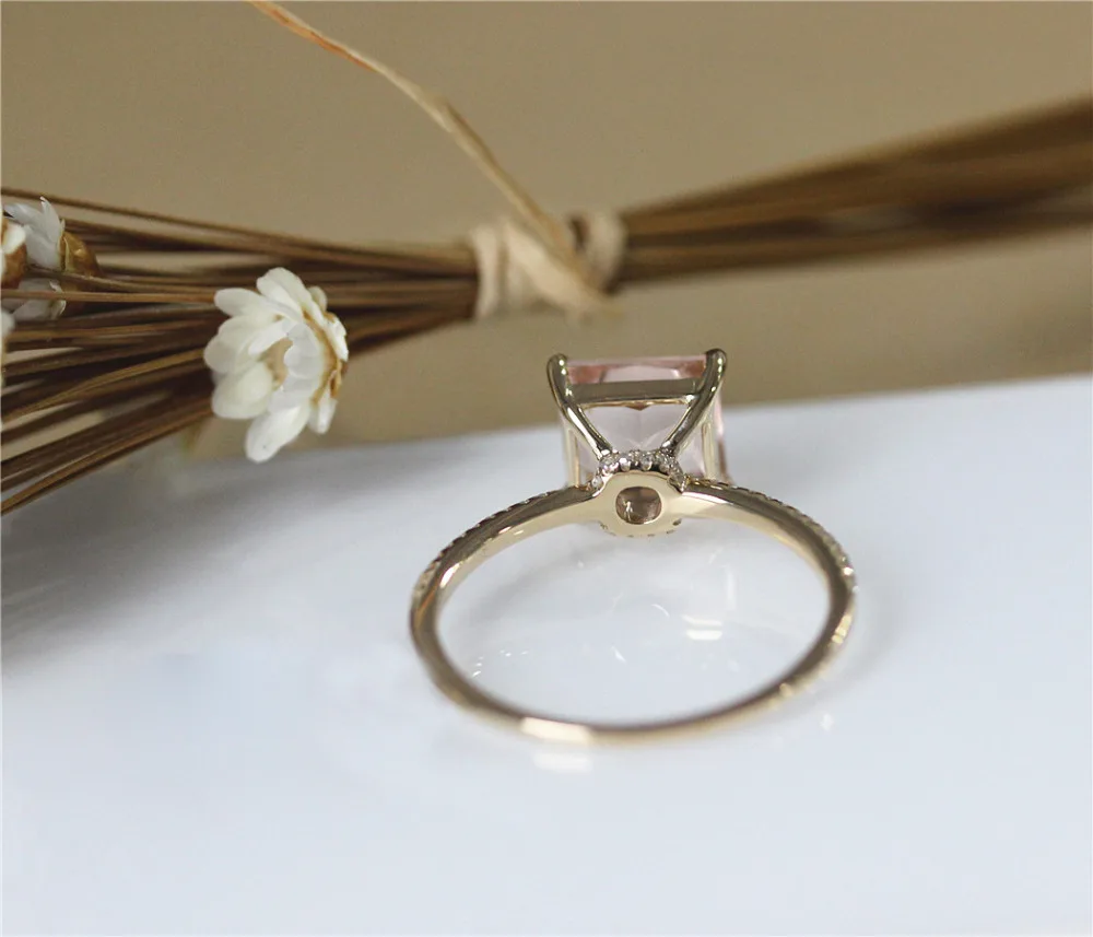 Дюпюи Лидер продаж 8 мм принцесса Cut Morganite Обручение кольцо 14 К желтого золота Драгоценное кольцо Половина Вечность алмазы изящных ювелирные изделия