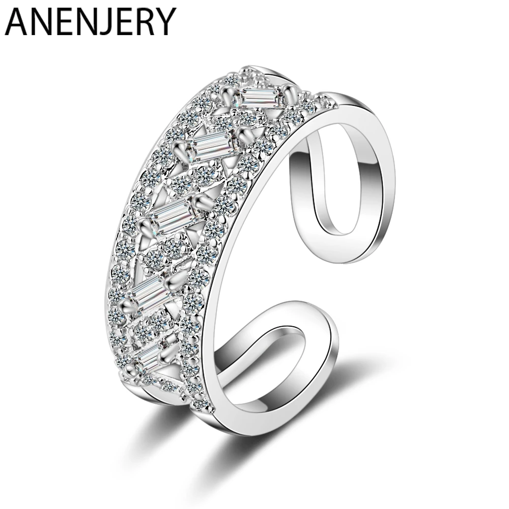 

ANENJERY Geometric Double-layer Zircon 925 Sterling Silver Rings For Women Adjustable Silver Gold Golor S-R462