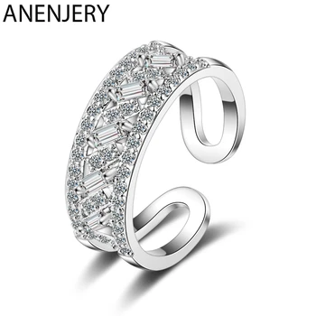 

ANENJERY Geometric Double-layer Zircon 925 Sterling Silver Rings For Women Adjustable Wedding Ring S-R462