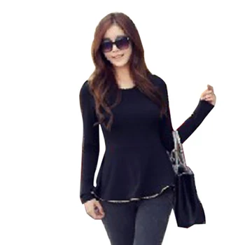 

New Fashion T-shirt Sexy Womens Tunic Gold Hem Long Sleeves Fitted Peplum Tops Shirts D0006