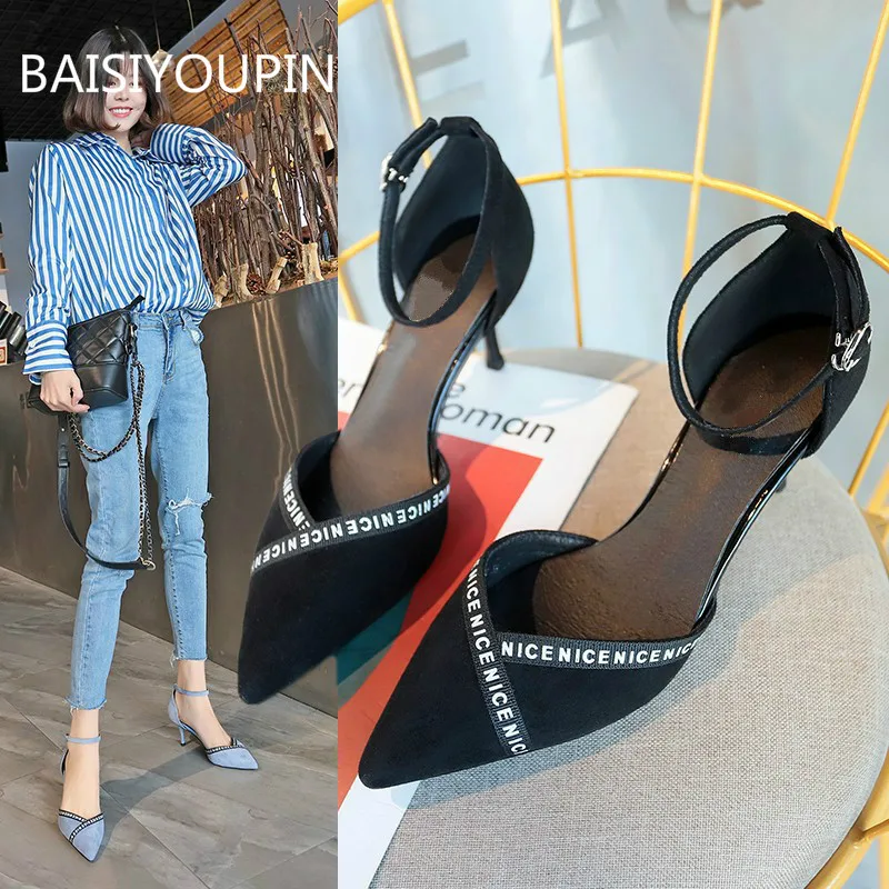 

Women Sandals Shoes Buckle Shalloow PU Leather Thin 5.5cm High Heels Pointed Toe Flock Casual Mixed Colors Female Pumps Shoes