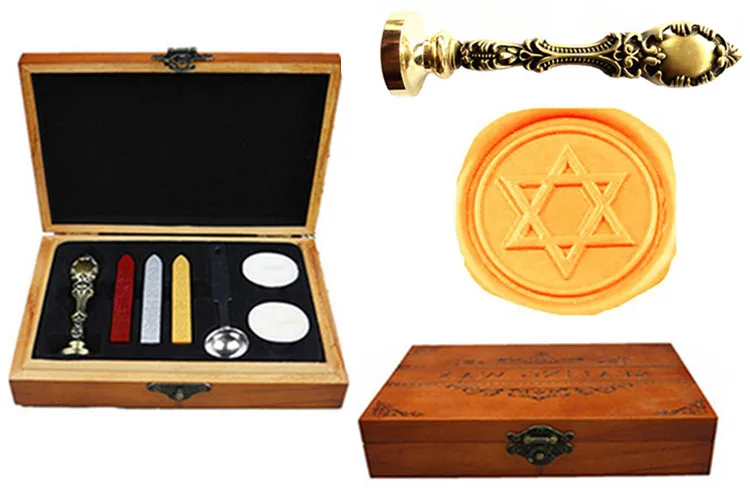 

Vintage Star of David Hexagonal Luxury Wax Seal Sealing Stamp Brass Peacock Metal Handle Sticks Melting Spoon Wood Gift Box Set