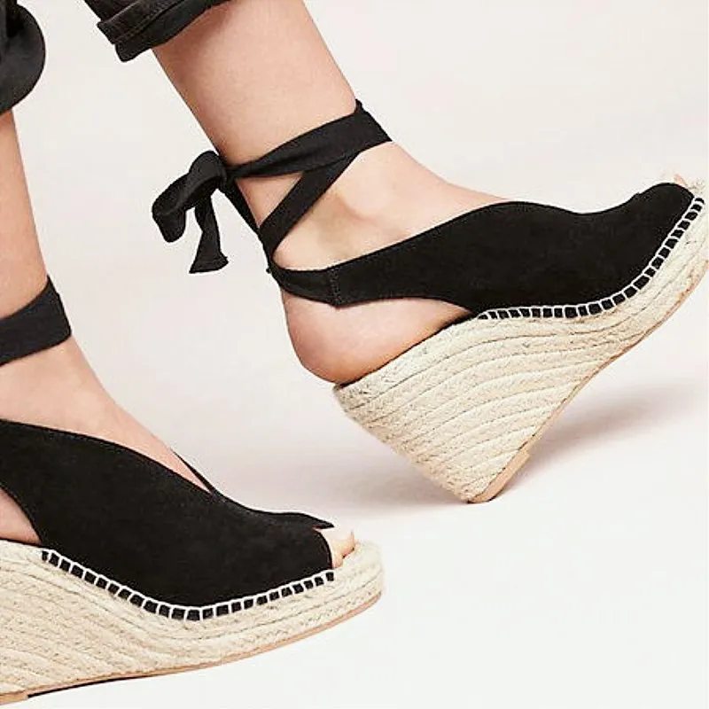 

SLHJC Spring Summer High Wedges Heel Sandals Peep Toe Ankle Cross Strap Slingbacks V Mouth Platform Pumps Shoes Plus Size