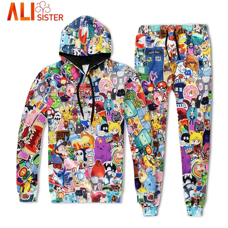 

Alisister Adventure Time Hoodies Set 2 Pieces Sweatshirt Pants Harajuku Anime Cartoon 3D Hooded Tracksuit Sudaderas Mujer 2019