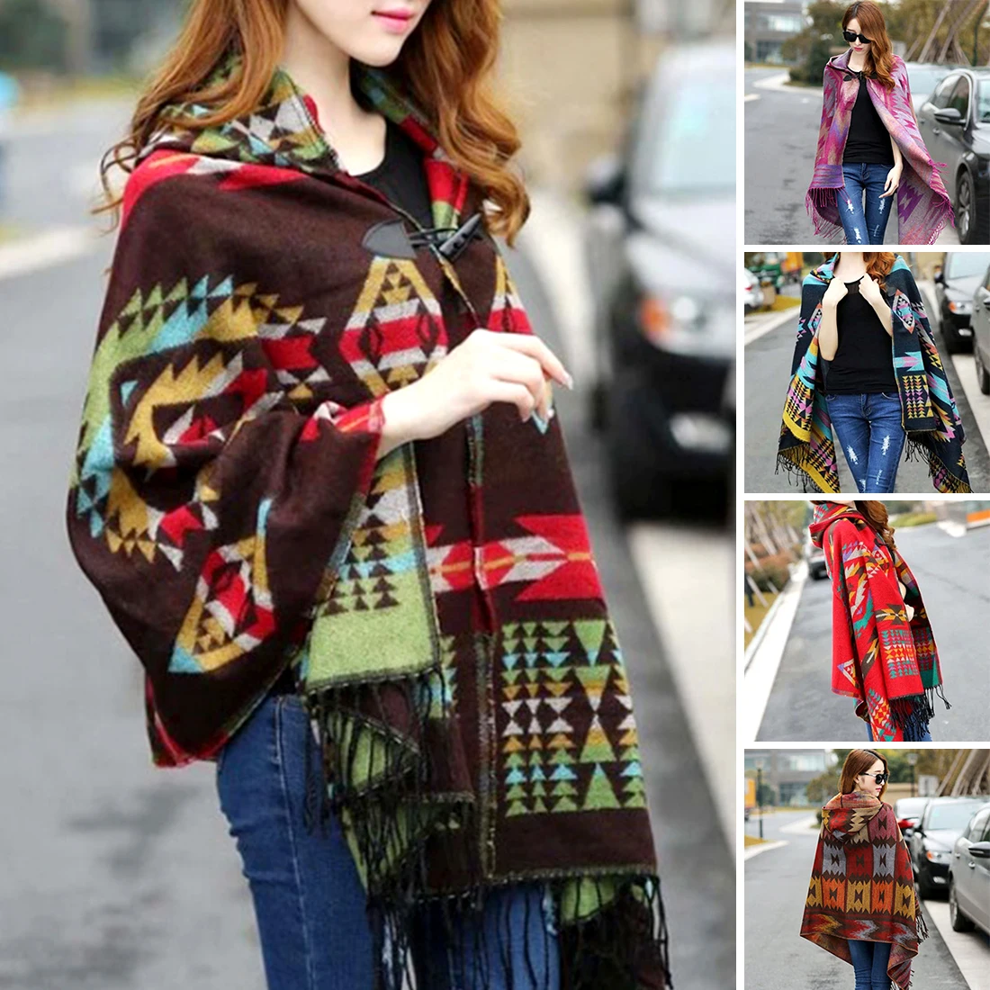 

Ladies Warm Winter Hooded Wrap Poncho Wool Scarves Cape,Mantle Ponchos And Capes Aztec Outwear Casacos Femininos Tippet