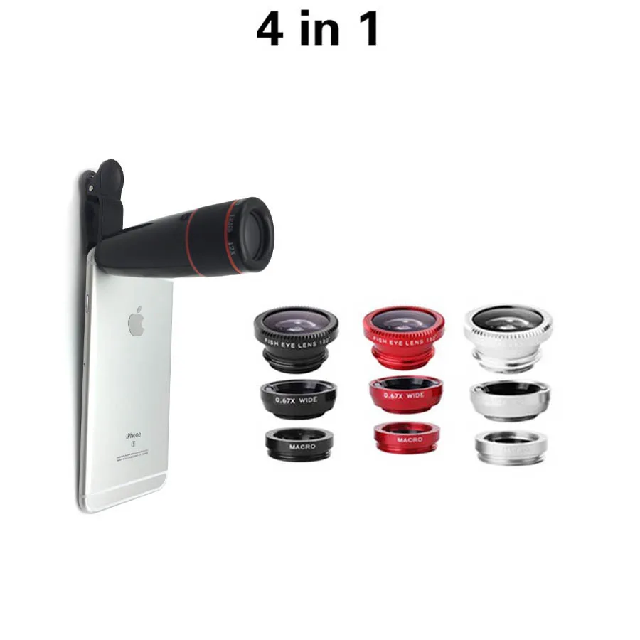New 4in1 3in1 lens Fisheye 0 67x wide Macro lens with 12x zoom telescope lens for