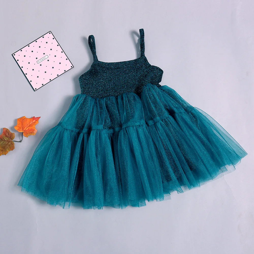 Cute Baby Girls Ins Summer Tulle Sequins Party Dress Green