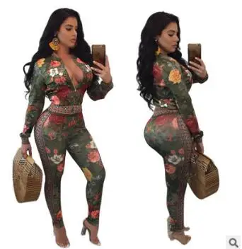 

5 Colors Full Sleeve 2017 autumn/winter fashion sexy women printed v-neck suits casual nightclub party tracksuit 5399